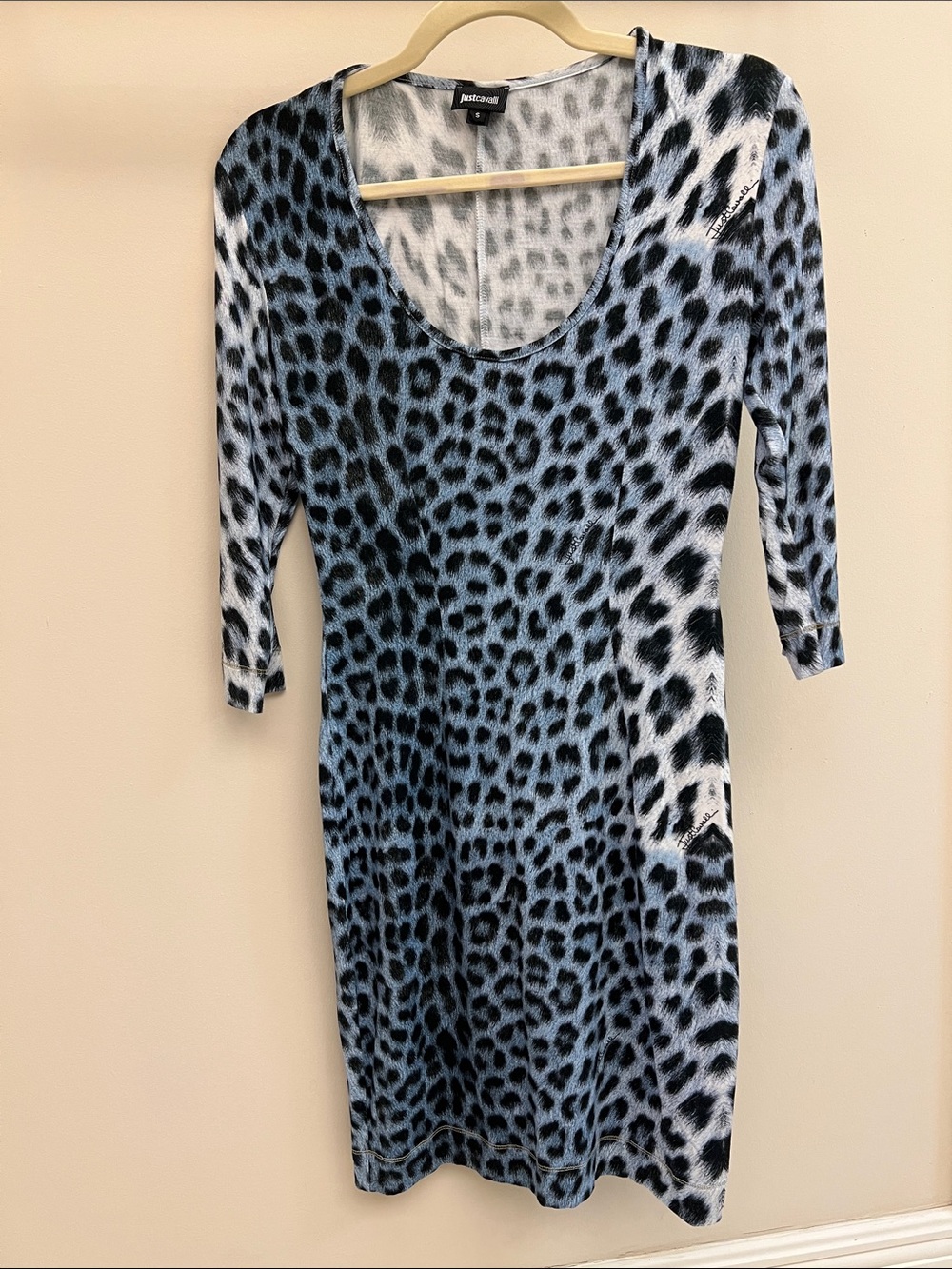 Just Cavalli Blue and Black Leopard-Print 3/4 sleeve Midi Dress
